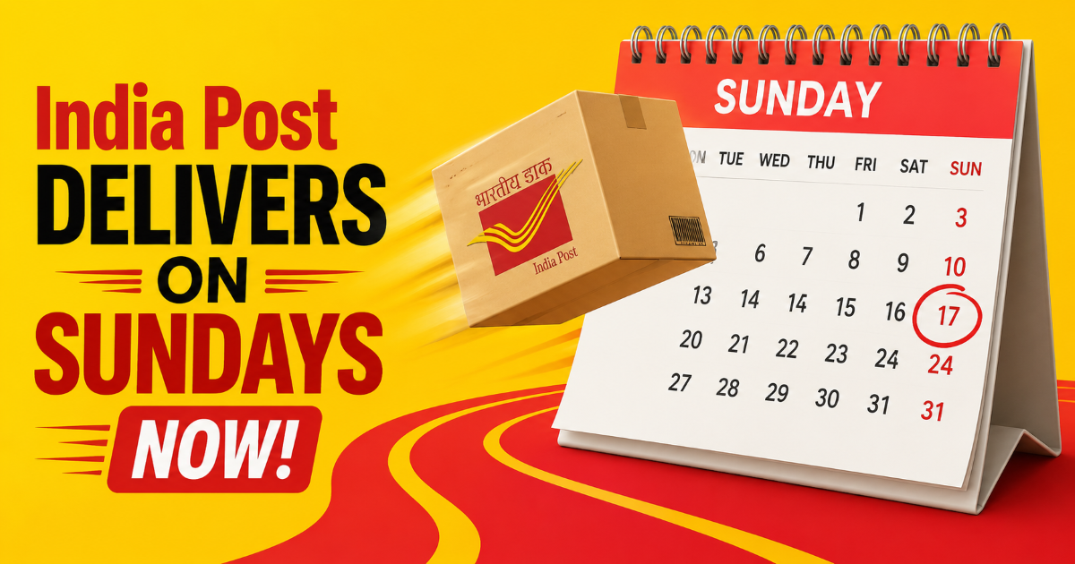 India Post delivers on Sundays with a calendar highlighting Sunday and a parcel in motion on a yellow and red background.